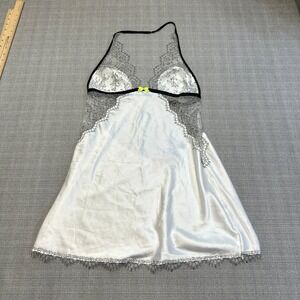 Victorias‎ Secret Satin Lace Slip L White Black Sheer Mesh Gothic Romantic Y2K